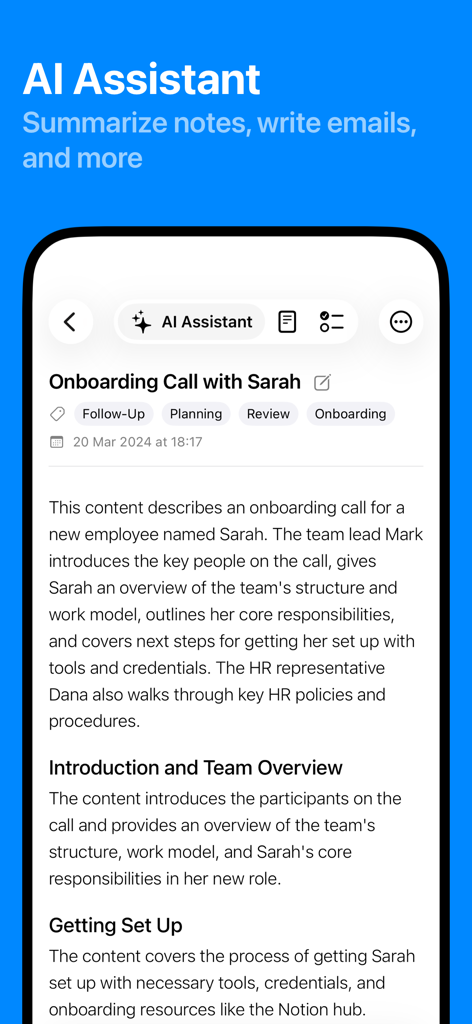 AI Meeting Notes - Tablo - Interface of the Tablo app showing an AI-generated meeting summary of an onboarding call with structured sections and tags