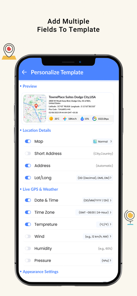GPS Camera - Location Stamp - Mobile app interface showing options to customize photo stamps with GPS coordinates address and weather data