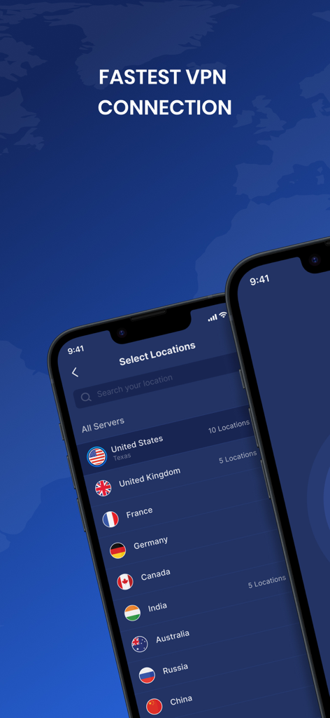 VPN Fast Smart & Secure Proxy - iPhone screen displaying the Select Locations menu with a list of global VPN servers including United States and United Kingdom.