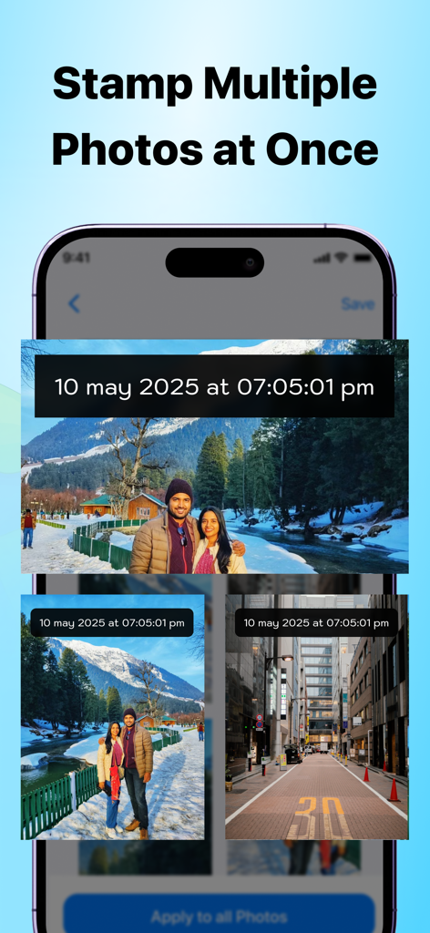 A mobile interface showing the feature to apply date and time stamps to multiple photos simultaneously.
