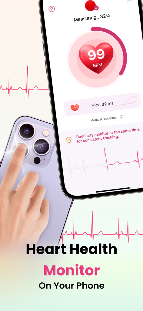 A person using an iPhone to measure their heart rate with the camera sensor