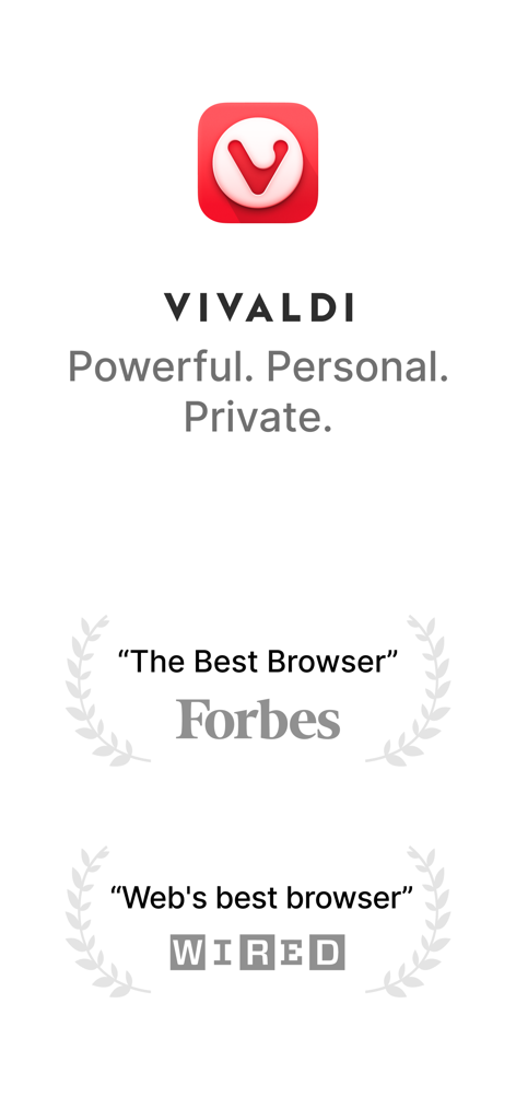 Logo du navigateur Web Vivaldi avec son slogan et des récompenses de la presse de Forbes et Wired