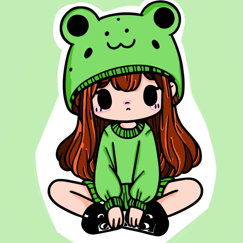 a girl wearing a frog hat and some frog socks