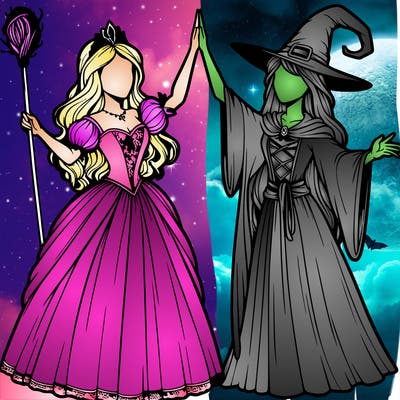 detailed realistic split of a princess and a witch