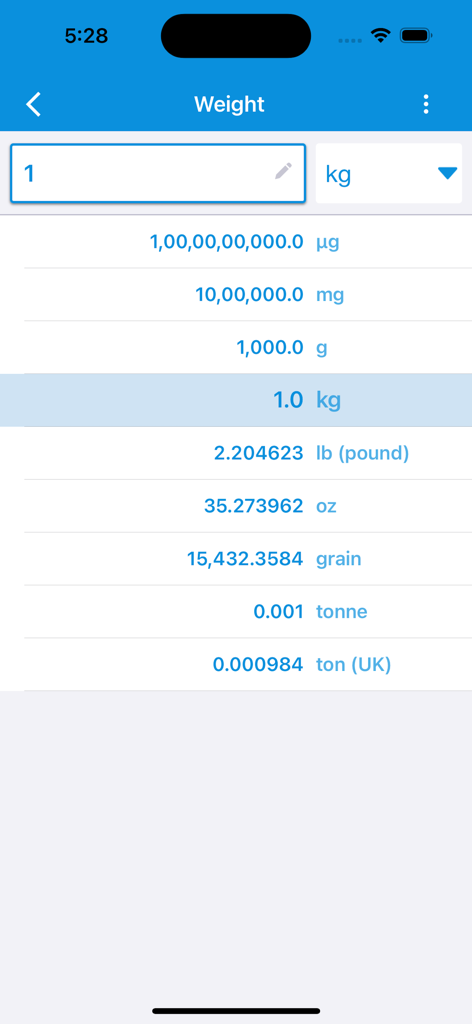Digital scale to weight gram - Unit converter app showing weight conversions from kilograms to pounds and ounces
