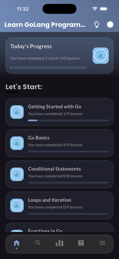 Learn Go Lang | GoPrgramming - La dashboard principale dell'app Impara GoLang Programming che mostra i progressi giornalieri e un elenco di moduli di programmazione come Fondamenti di Go e Dichiarazioni Condizionali.