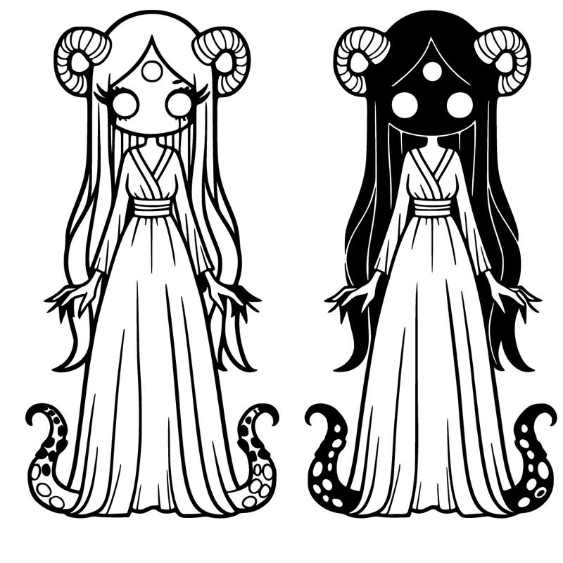tall evil goddess with tentacles, a long dress, and blank white eyes
