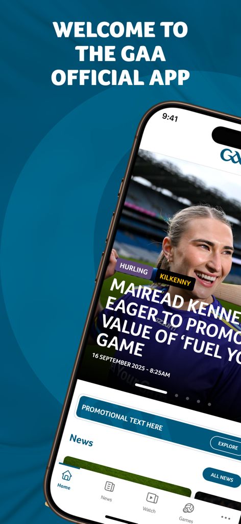 Official GAA - The welcome screen of the Official GAA app showing the home feed with sports news and navigation menu