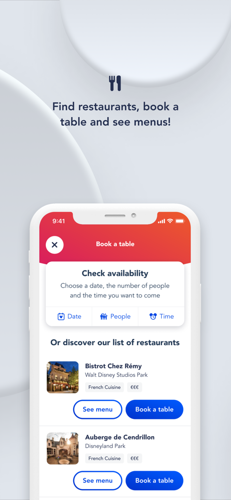 Disneyland® Paris - Pantalla móvil que muestra la interfaz de reserva de restaurantes y una lista de opciones gastronómicas en Disneyland Paris