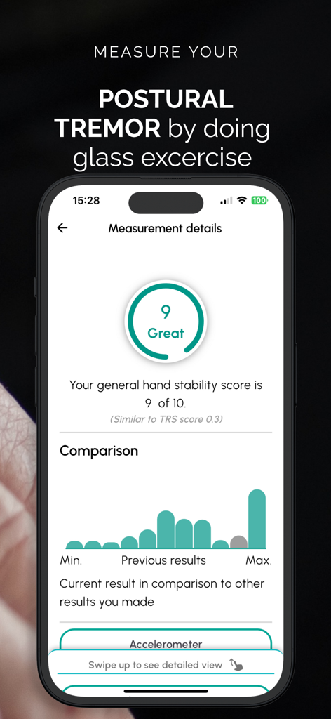 Steady Hands - tremor meter - Smartphone screen showing a hand stability score of nine out of ten and previous tremor measurement comparisons.