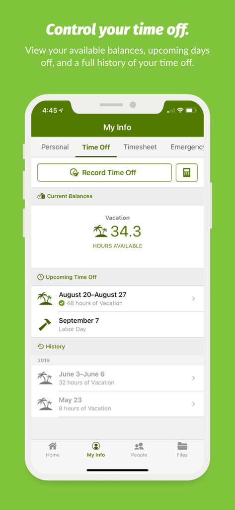 Tela de smartphone mostrando o aplicativo BambooHR com saldos de férias e histórico de solicitações
