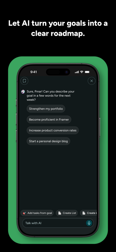 BeforeSunset AI - BeforeSunset AI app interface showing AI-driven goal setting and task creation options