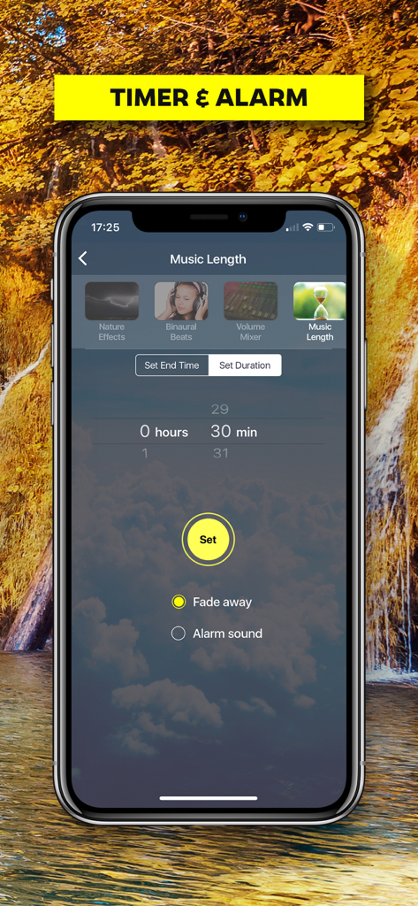Yellow Brick Cinema - Interface of the Yellow Brick Cinema app showing music length and sleep timer settings