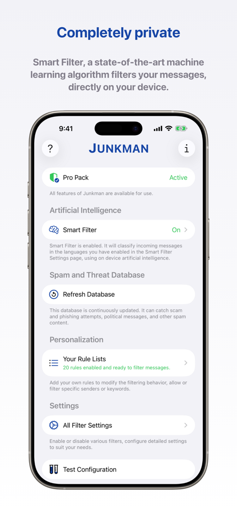 Junkman: AI Spam SMS Blocker - Junkman app dashboard showing private smart filter and custom SMS rule lists