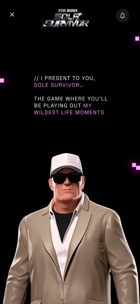 Steve Madden Events app screen introducing the Sole Survivor game with an avatar of Steve Madden in a suit and sunglasses.
