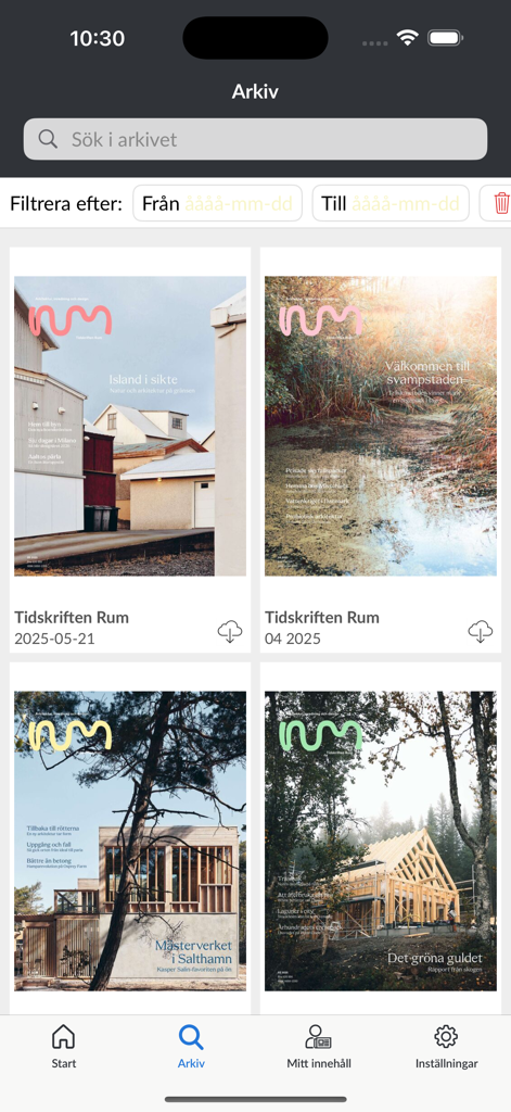 Tidskriften Rum - Pantalla de archivo de la aplicación Tidskriften Rum mostrando varias portadas de revistas de arquitectura y diseño escandinavo.