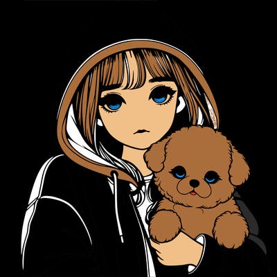 realistic girl with a hood up, holding cute fluffy dog