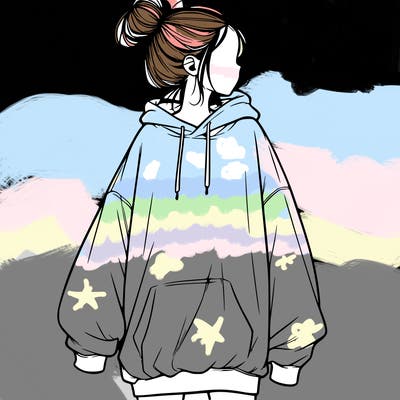 realistic girl with a oversized sweatshirt on and a bun