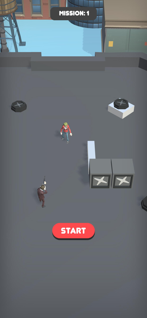 Host Part Hits의 임무 1 시작 화면으로, 옥상에 있는 캐릭터와 빨간색 시작 버튼을 보여줍니다.