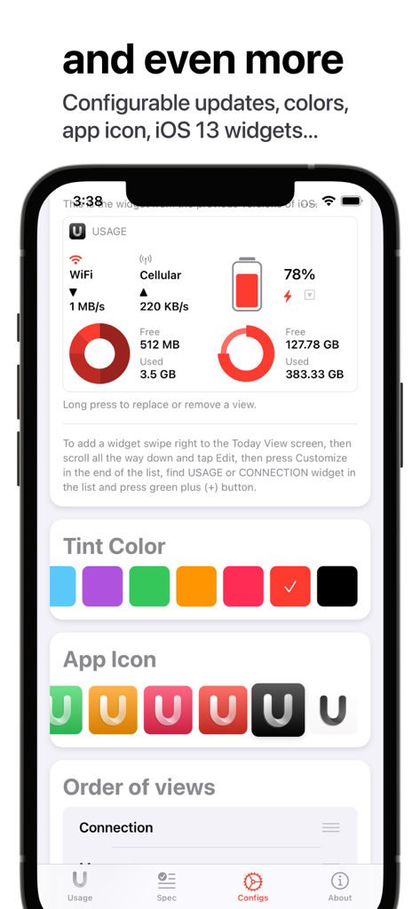 Usage Device Monitor - Screenshot of Usage app showing customization options for tint colors app icons and system monitoring views