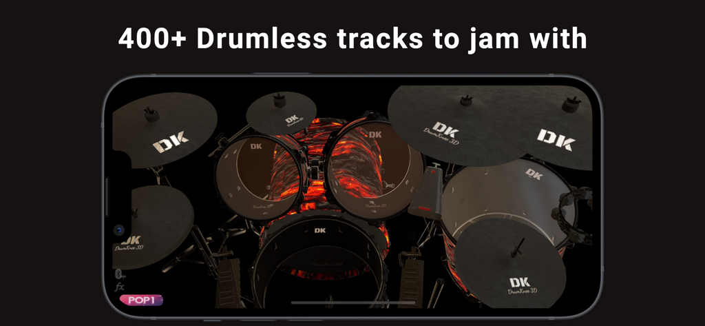 Realistic 3D virtual drum kit on a smartphone screen with 400 plus drumless tracks.