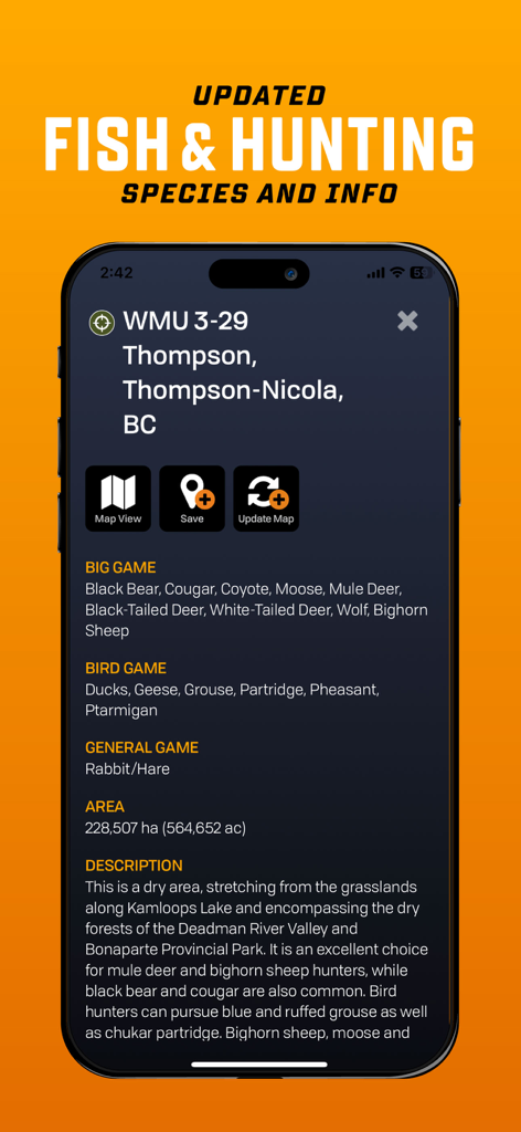 Pantalla de la aplicación móvil mostrando información detallada sobre especies de caza y unidades de manejo de vida silvestre para Columbia Británica