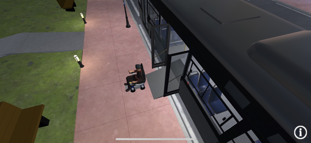 Wheelchair Mobility Experience - A simulation showing a person in a motorized wheelchair preparing to board an accessible city bus via a ramp.