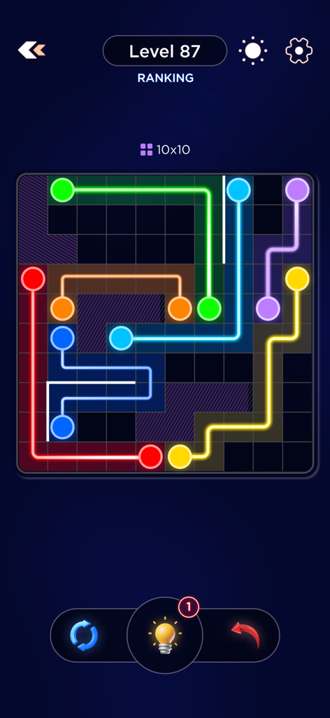 Connect Dots : Link Puzzle - Connect Dots Link Puzzleのミニマリストな10x10グリッドレベル。ダークモードでカラフルな繋がったパスが表示されている様子