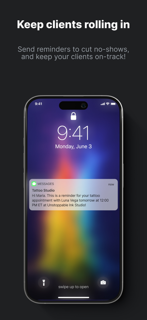 Tattoo Studio Pro - A smartphone displaying an automated text message reminder for a tattoo appointment to prevent no-shows.