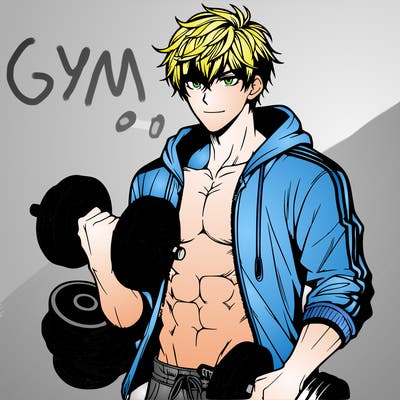 handsome muscular guy with hoodie anime holding dumbbells