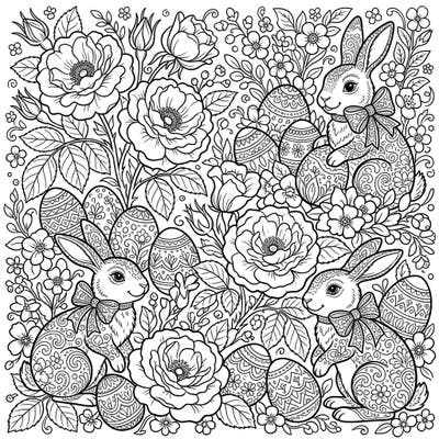 Celebrate Easter with this enchanting coloring page featuring beautiful Damask roses, cheerful bunnies, and decorative eggs. Perfect for bringing the joy of spring to life with your favorite colors.