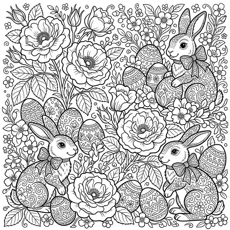 Celebrate Easter with this enchanting coloring page featuring beautiful Damask roses, cheerful bunnies, and decorative eggs. Perfect for bringing the joy of spring to life with your favorite colors.