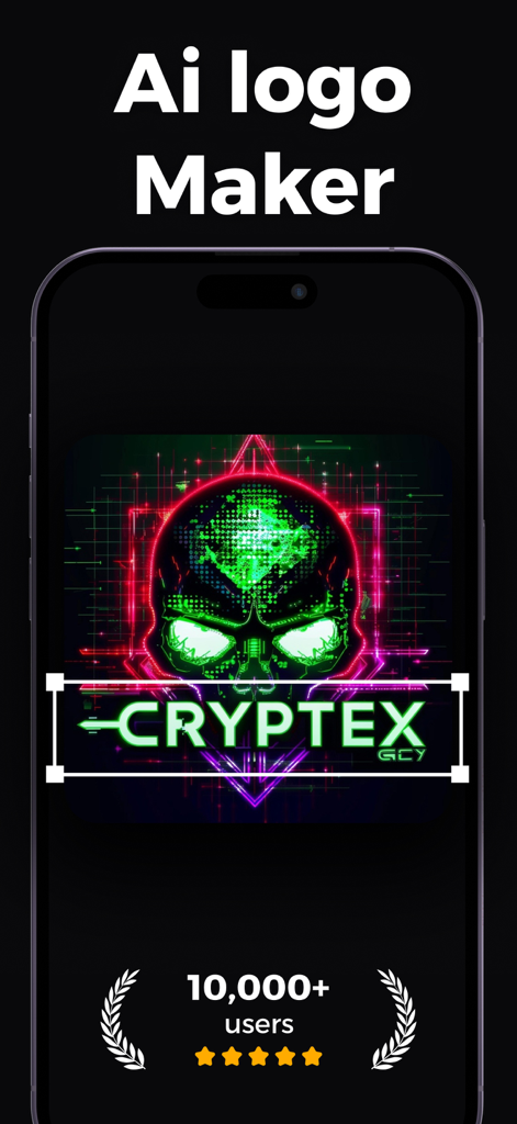 Logo Design: AI Logo Maker - Pantalla de la aplicación AI Logo Maker que muestra el diseño de un logo de calavera de neón para una marca de videojuegos