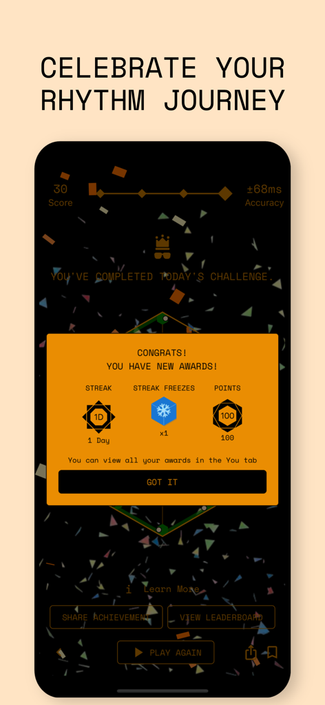 A screen from the Time Hero app displaying daily challenge rewards including a one day streak and earned points