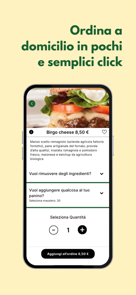 Birgo Burger - スマートフォン画面。Birgo Burgerアプリのメニューで、グルメチーズバーガーの食材カスタマイズと数量オプションが表示されています。