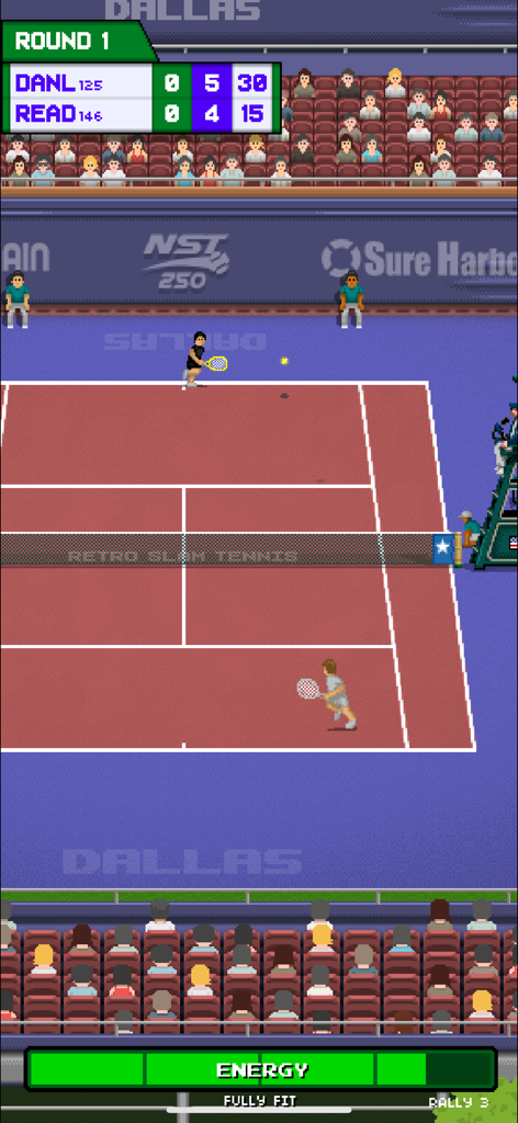 Retro Slam Tennis - Jugabilidad de Retro Slam Tennis mostrando un partido en un estadio pixelado