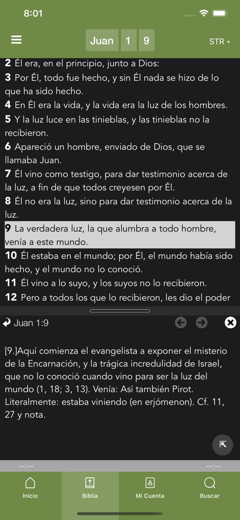 Biblia Católica - Interfaz de la aplicación Biblia Católica que muestra versículos bíblicos y notas de estudio para el Evangelio de Juan en español.