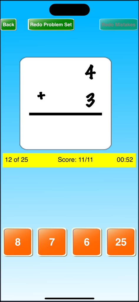 Ace Math Flash Cards - A digital addition flash card for four plus three with multiple choice answer buttons and a score tracker.