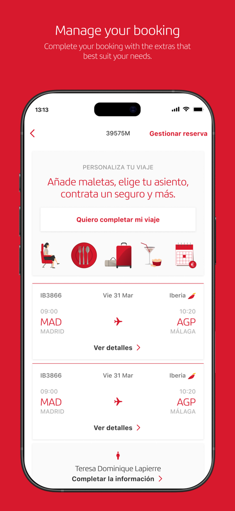 Interfaz de la aplicación móvil Iberia para gestionar reservas de vuelos y añadir extras como asientos o equipaje