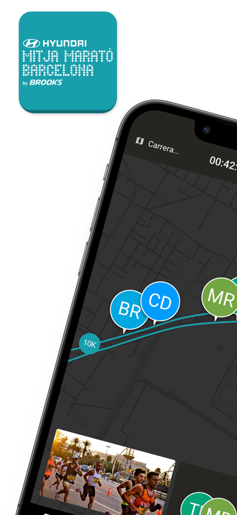 Mitja Marató Barcelona - Mapa de acompanhamento de corredores em tempo real e galeria de fotos na interface do aplicativo móvel Mitja Marato Barcelona