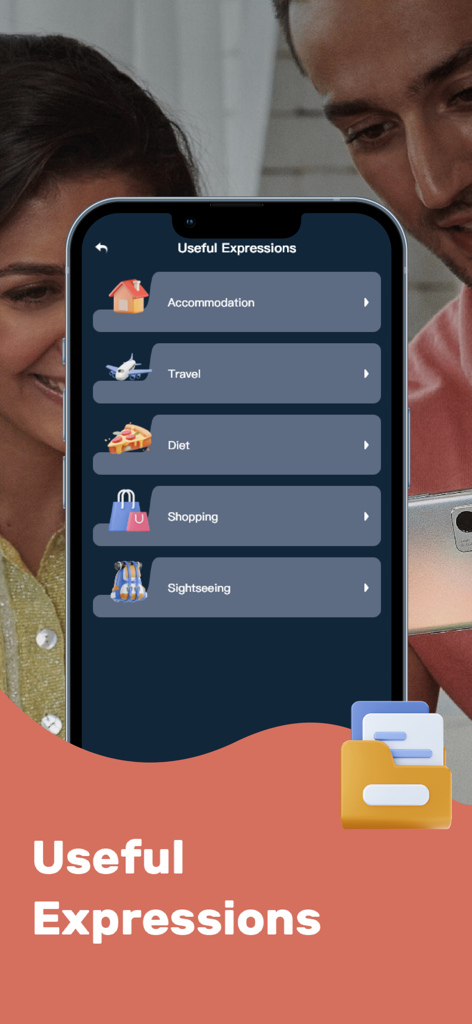 Interface do aplicativo móvel mostrando expressões úteis de linguagem categorizadas por viagem, compras e dieta.