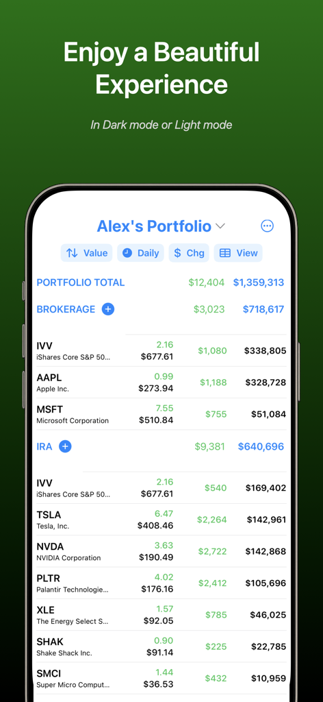 My Pocket Portfolio - A minimalist stock portfolio dashboard showing investment holdings across multiple accounts in light mode.