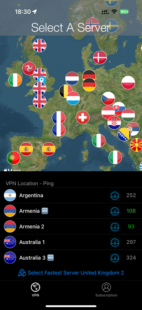 Global VPN - Global VPN app interface showing a world map with server icons and a list of countries with connection ping values.