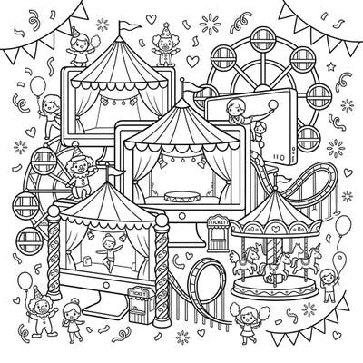 Experience the magic of the fair with this imaginative coloring page, where computer monitors become the stage for a lively carnival. Filled with playful characters, thrilling rides, and festive tents, it's a unique blend of tech and fun.