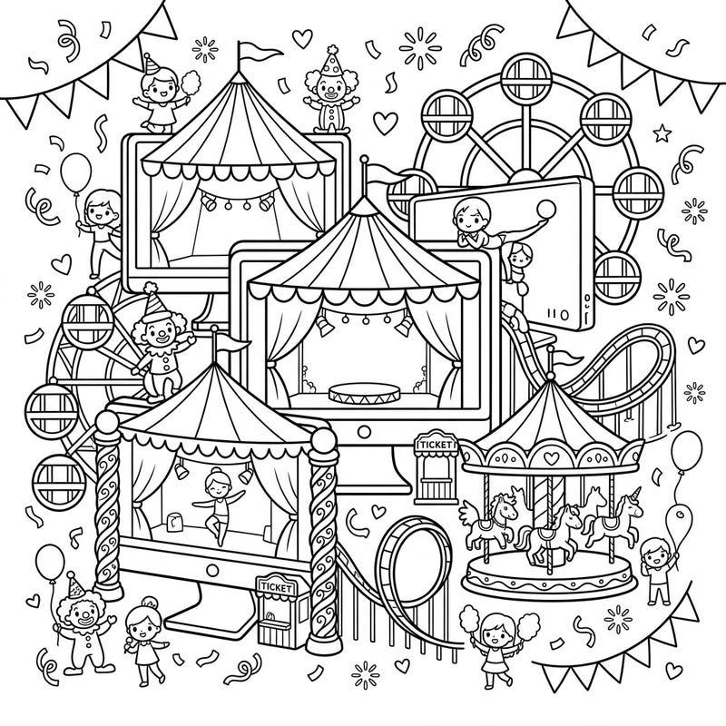 Experience the magic of the fair with this imaginative coloring page, where computer monitors become the stage for a lively carnival. Filled with playful characters, thrilling rides, and festive tents, it's a unique blend of tech and fun.