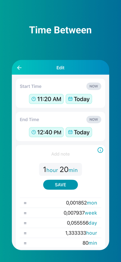Time Calculator app screen showing the duration calculation between two points in time