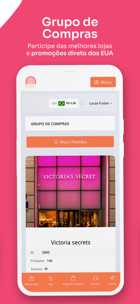 Tela do celular do aplicativo Yeda Personal Shopper mostrando grupos de compras e promoções de lojas dos EUA.