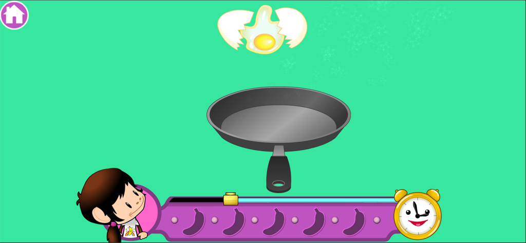 Zuzu's Bananas - A character from Zuzu's Bananas watches a cracked egg fall into a frying pan in a preschool learning game.