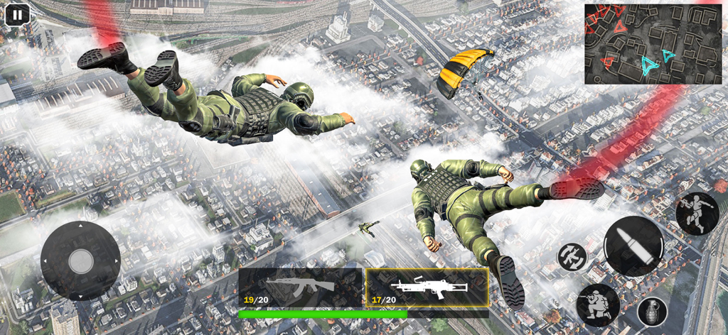 American Shooter : Cover Fire - Two commandos in tactical gear skydiving over a city in American Shooter Cover Fire
