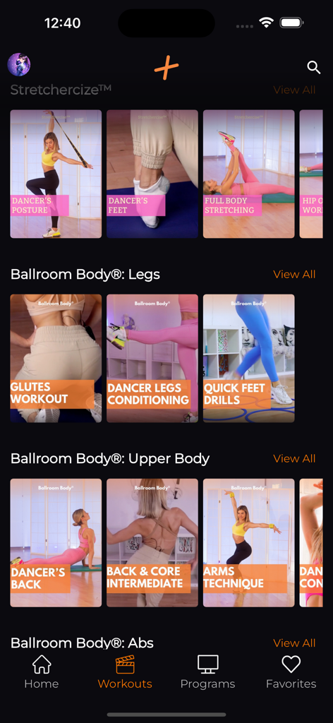 DanceFit+: Dance & Fun Workout - DanceFit plus app interface showing a library of dance and fitness workout videos categorized by body parts